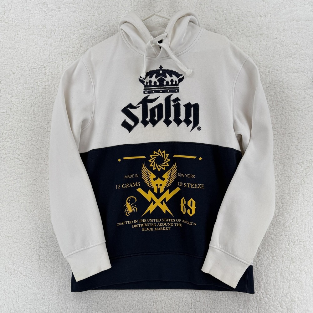 Stolin Hoodie Mens Large White Navy Crown Graphic Pullover Fleece Sweatshirt